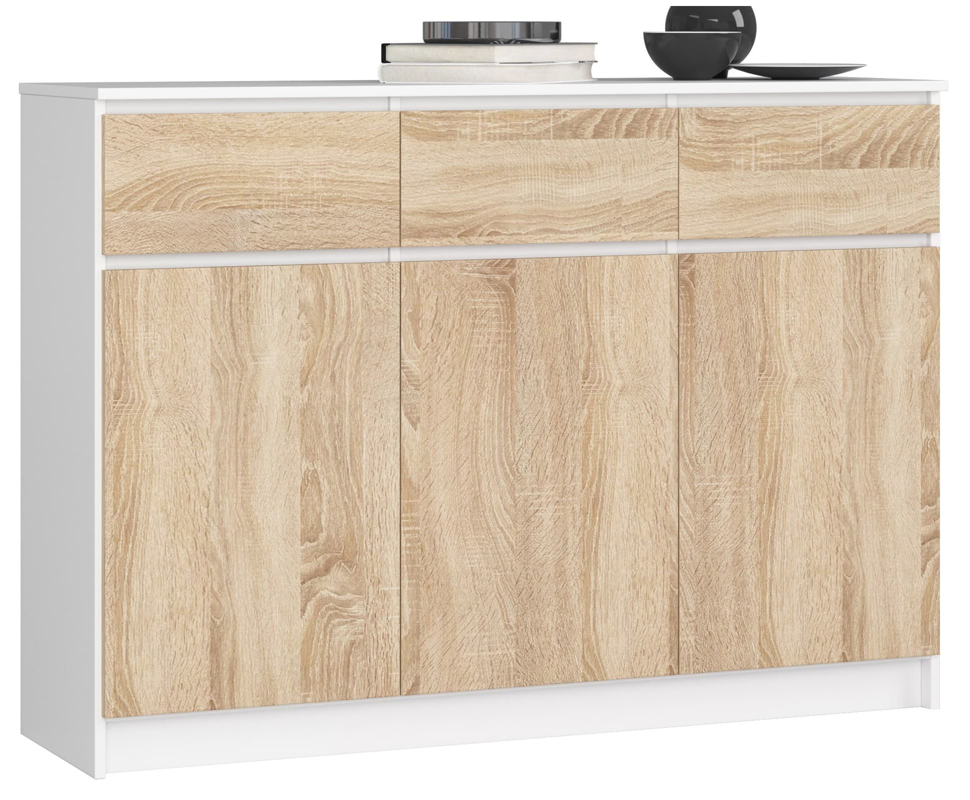 Akord Lipasto 3 Ovet 3 Laatikkoa Valkoinen/Sonoma-tammi 138x40x99 – Akord