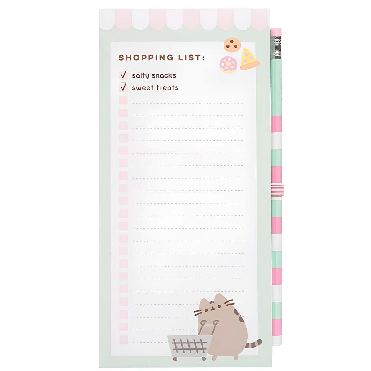 Magneettinen muistilehtiö ostoslistalle kynällä ja kissakuviolla – Pusheen