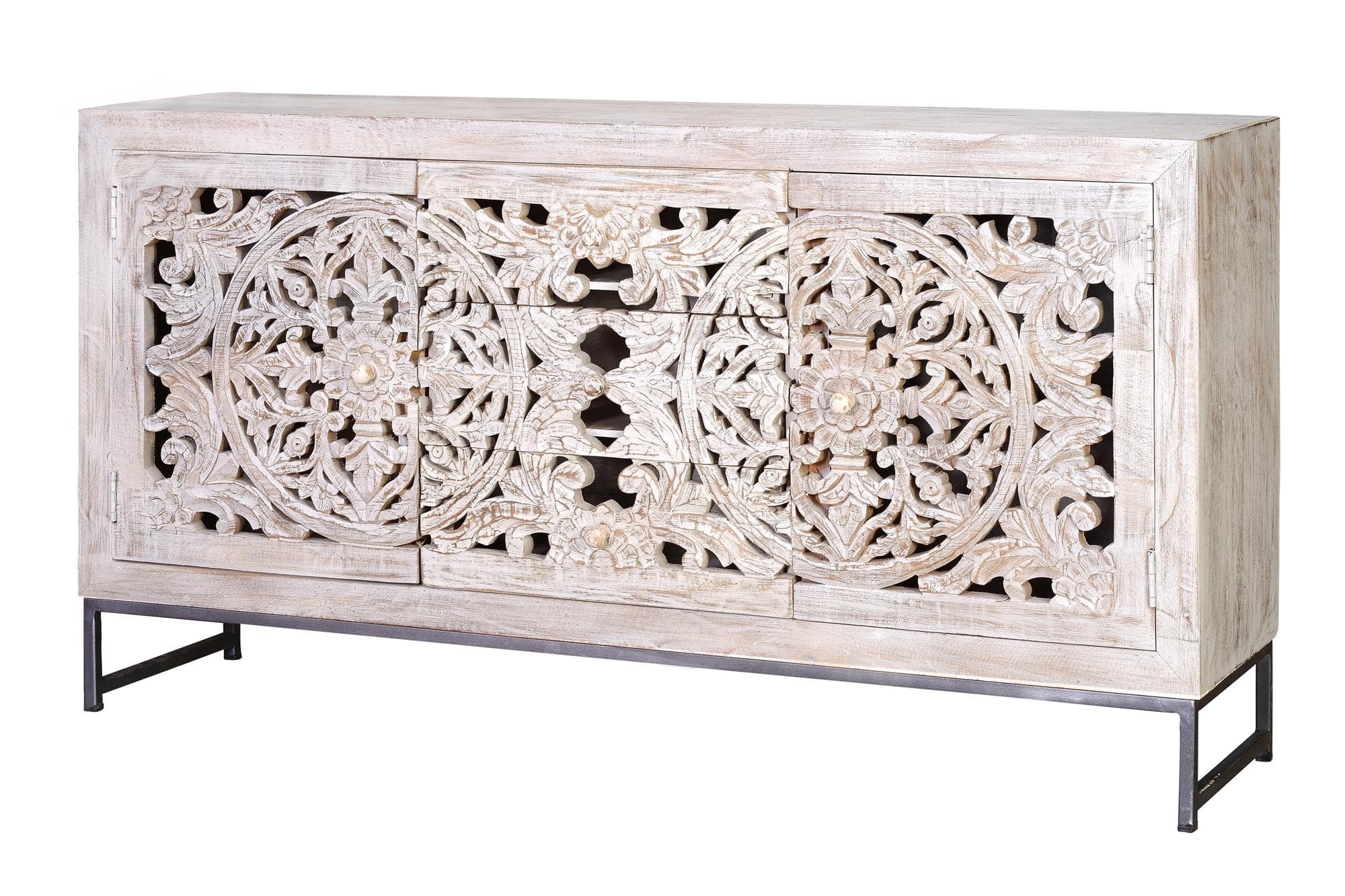 Mangopuusta ja vanhasta valkoisesta metallista valmistettu senkki