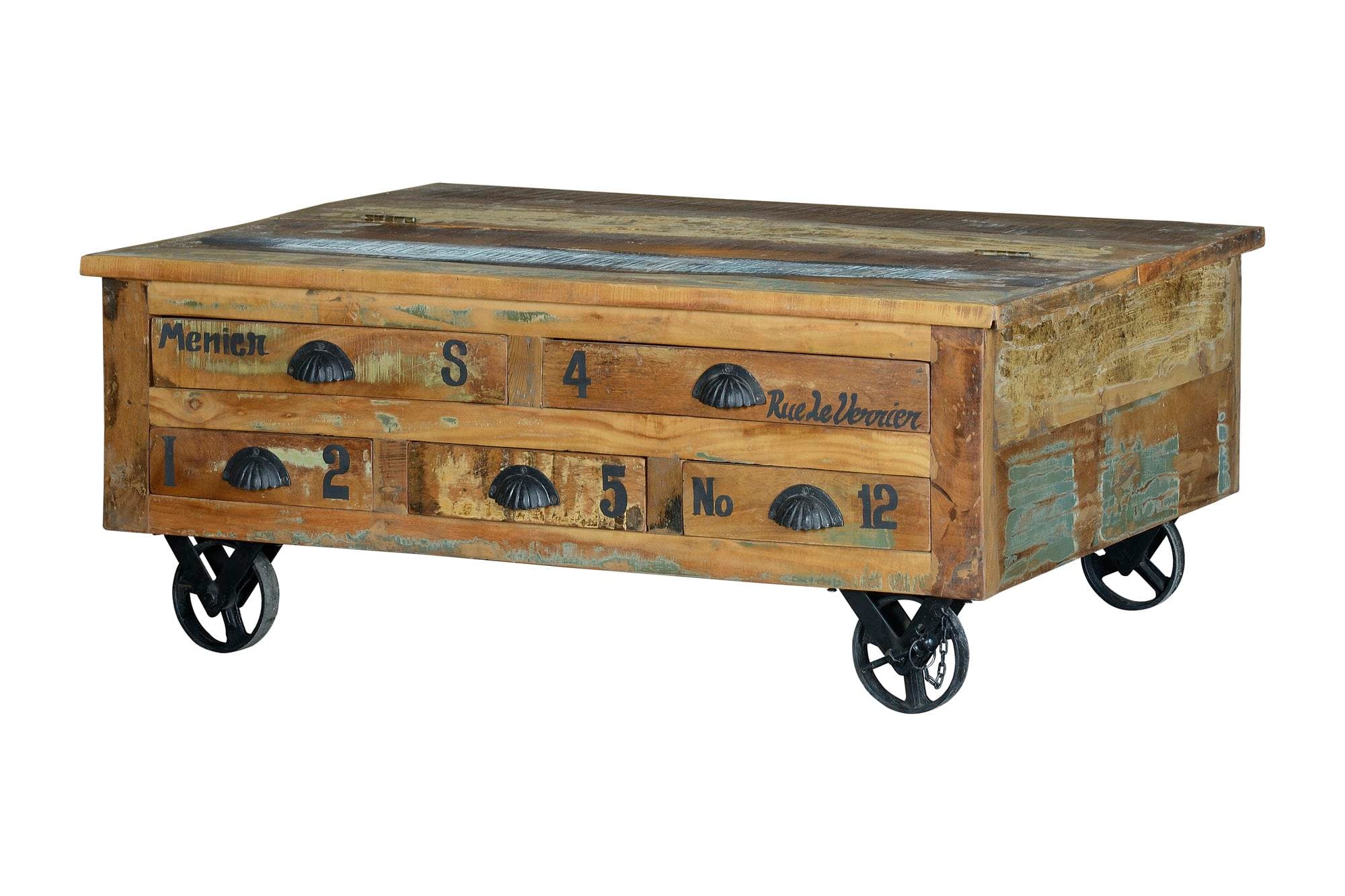 Kierrätetystä puusta valmistettu sohvapöytä ja moniväriset metallipyörät – Giner y Colomer