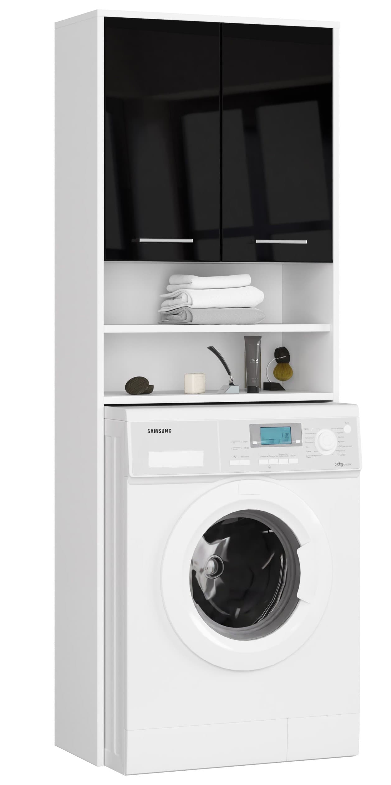 Akord Kylpyhuonekaappi Pesukoneen Päälle Valkoinen/Musta Korkeakiilto 64x30x180