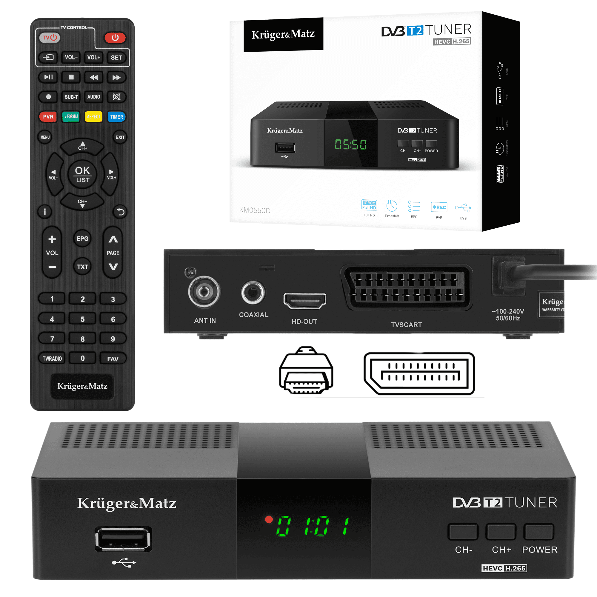 DVB-T2 H.265 HEVC-viritin Kruger&Matz HDMI SCART PVR EPG USB-dekooderi – Kruger & Matz