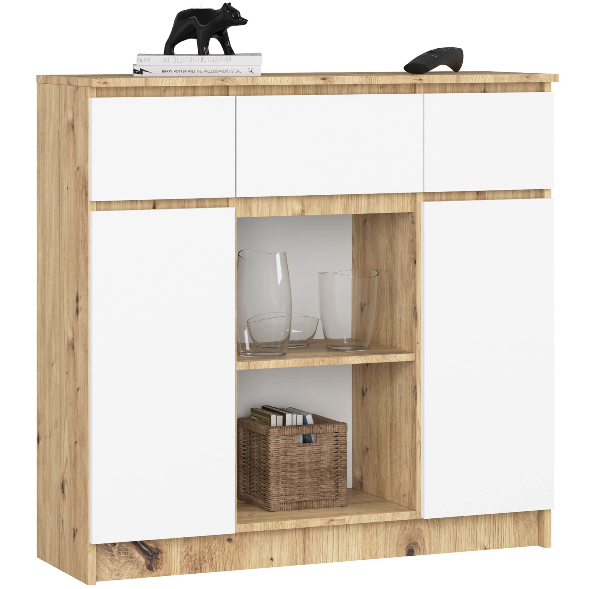Akord Lipasto 2 Ovea 3 Laatikoa + 1 Pieni Ovi Artisan-tammi/Valkoinen 101x35x98 – Akord