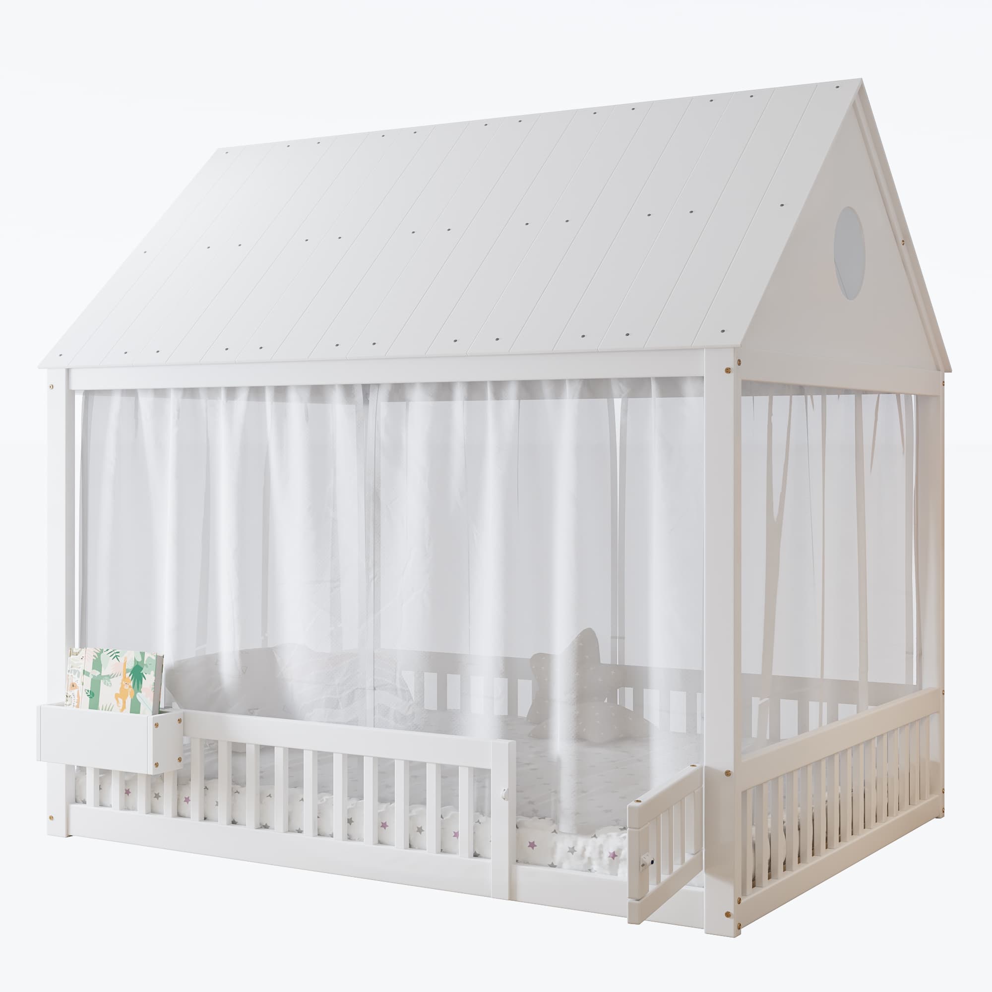 Vuodesänky 140x200 cm valkoisena koristeellisilla verhoilla