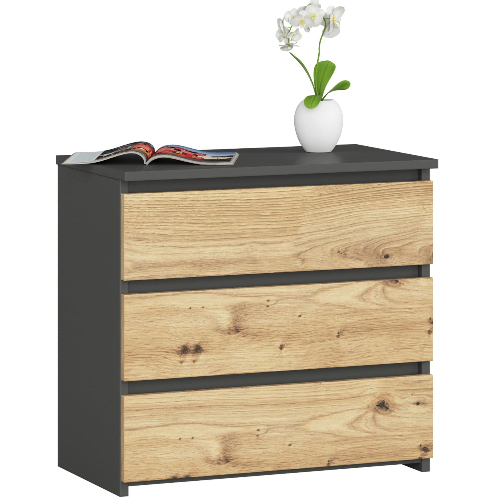 Akord Lipasto 3 laatikkoa Grafiitti/Artisan-tammi 60x35x57 – Akord
