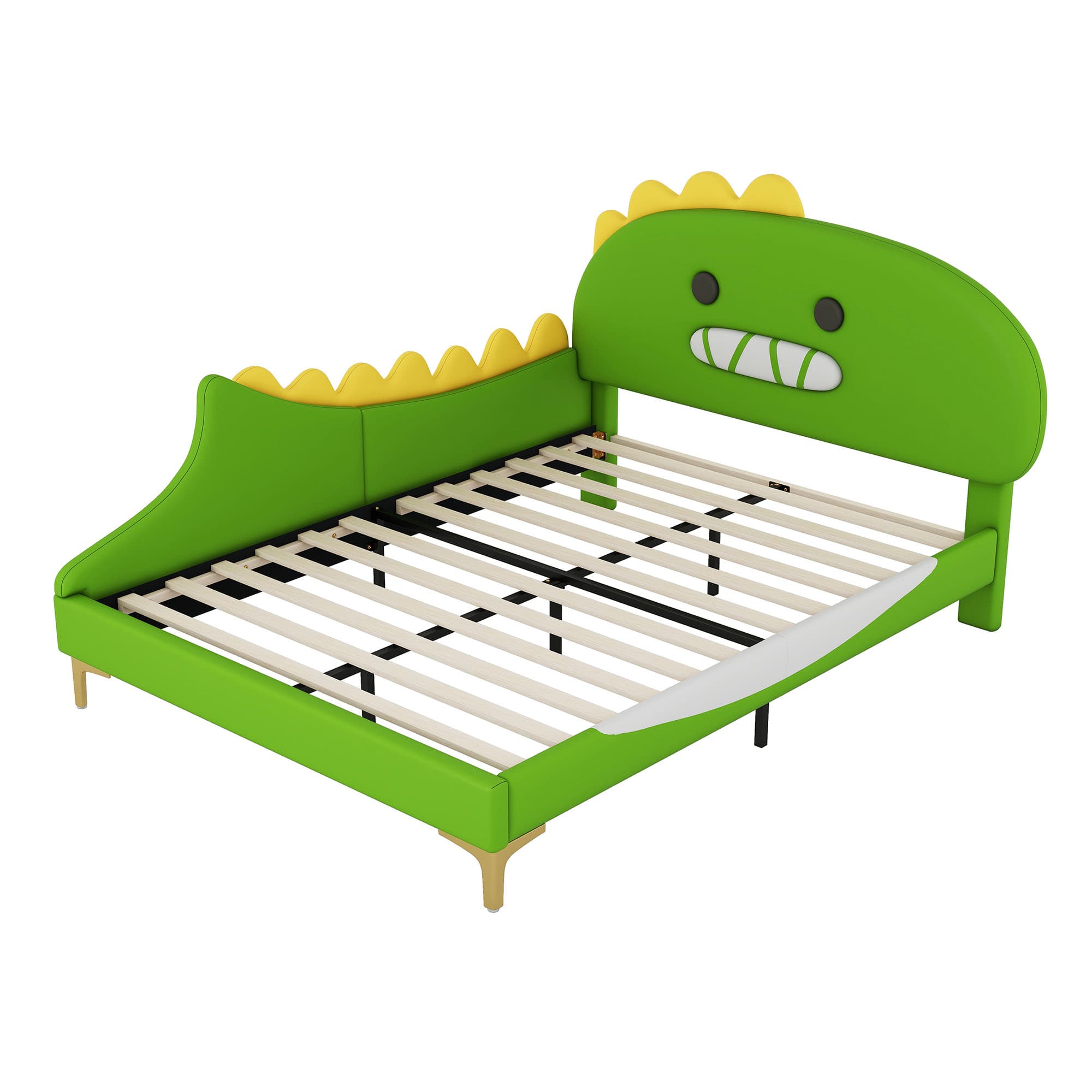 Lastensänky 140x200cm Piirretty Dinosaurus -muotoinen Tasainen Sänky PU+MDF Vihreä Ilman Patjaa – KOMHTOM