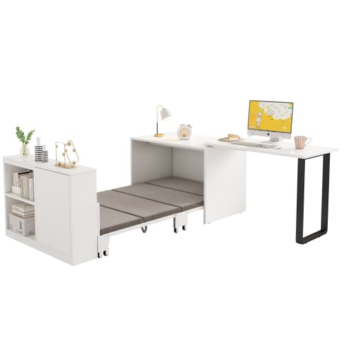 Kokoontaitettava sänky työpöydällä 90x200, yhden hengen, metalli, patjalla, pyörillä ja kaapilla, valkoinen