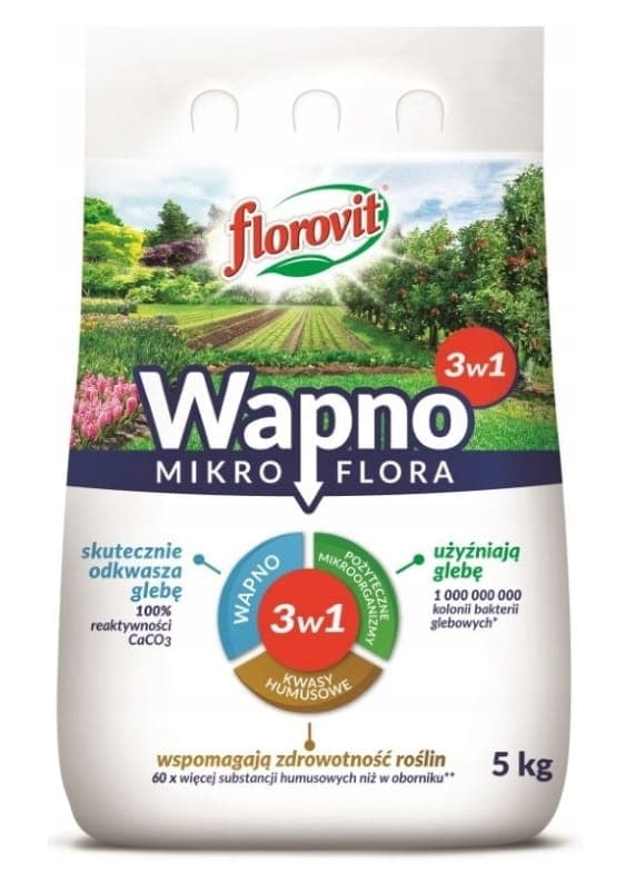 Florovit happamuutta vähentävä kalkkilannoite 5 kg mikroflooraa 3 in 1 humushapoilla – Grupa Inco