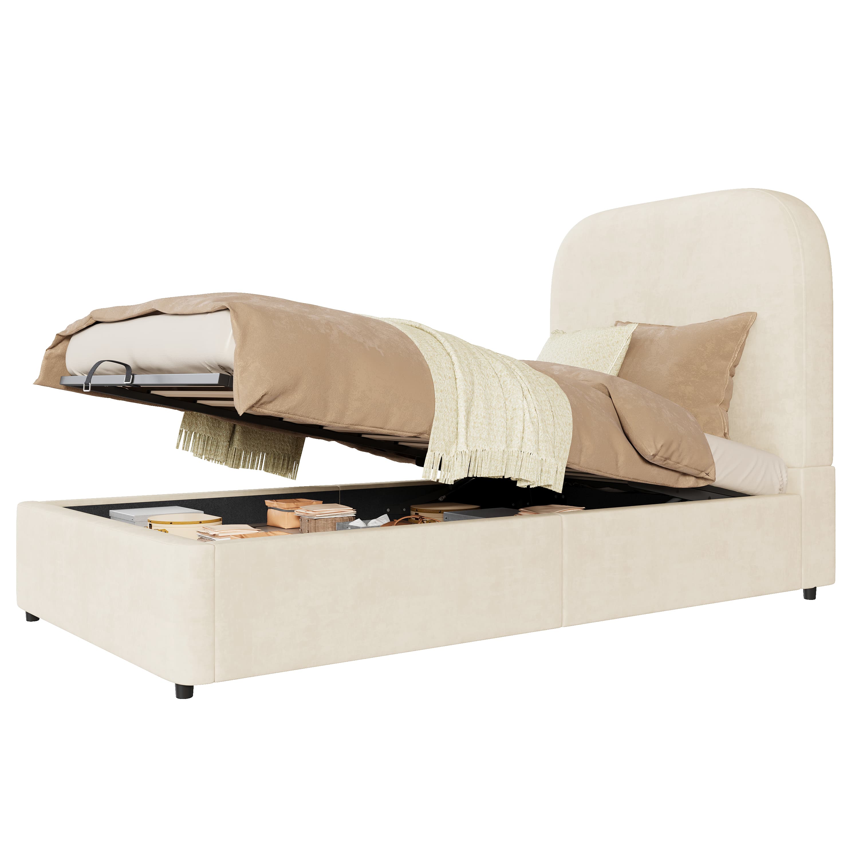 Verhoiltu sänky 90 x 200 cm, yhden hengen sänky sälepohjalla ja sängynpäädyllä, lastensänky säilytystilalla, sametti, beige