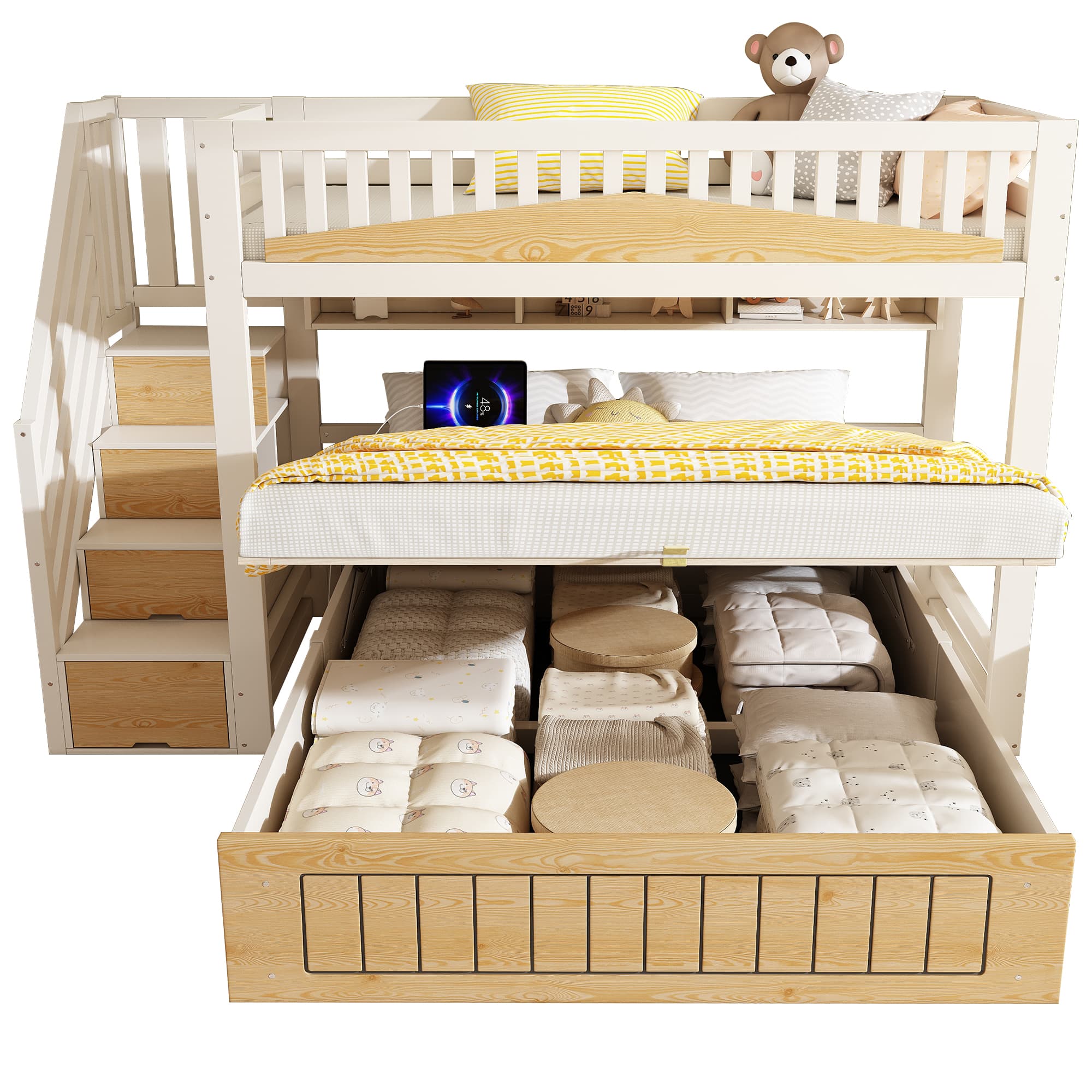 Kerrossänky, 90x200 ja 140x200 cm, hydraulinen säilytys, USB, valkoinen, puu, ei patjaa – SINGULARITY