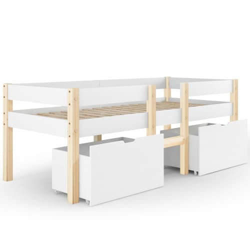 Lastensänky 90 x 190 cm laatikolla ja turvalaidalla, massiivimäntyä, valkoinen ja tammi – KOMHTOM