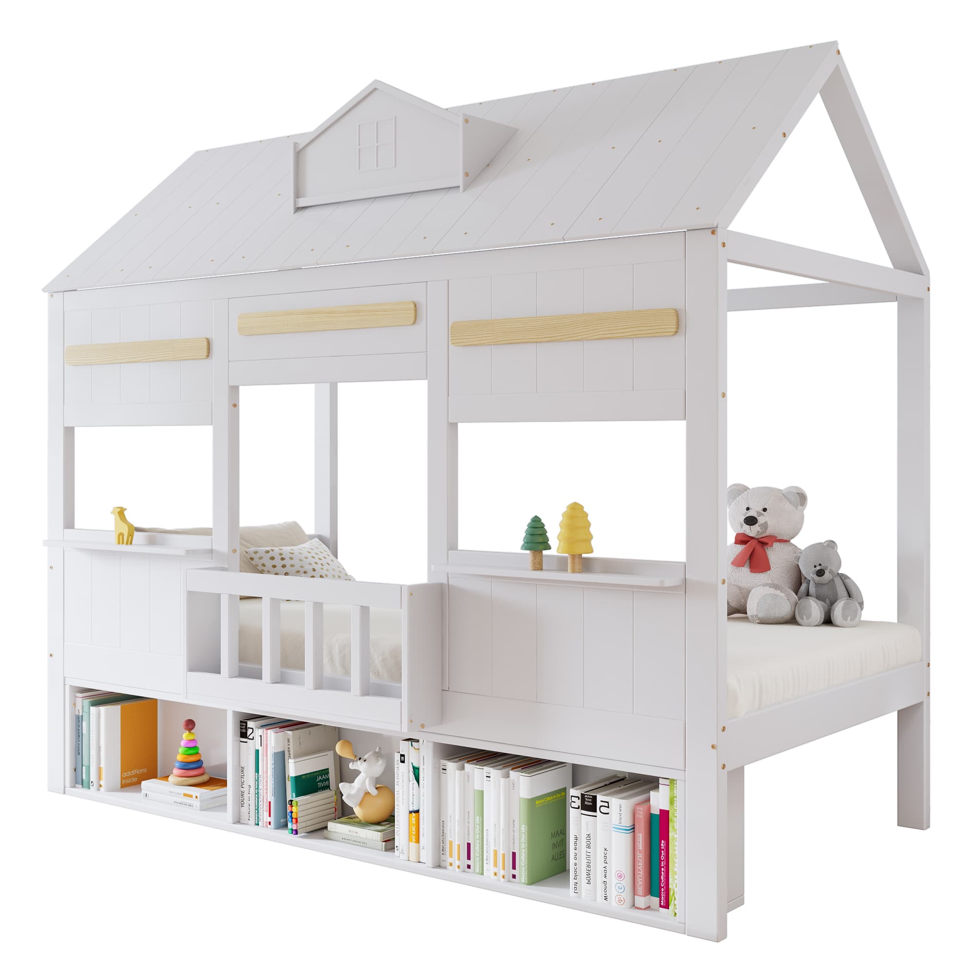 Vuodesänky 90x200 cm valkoisena yhdellä kirjahyllyllä