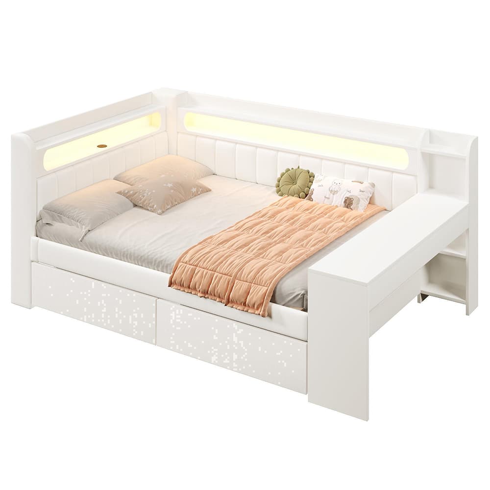 Verhoiltu sänky 140x200 cm valkoisena kirjoituspöydällä