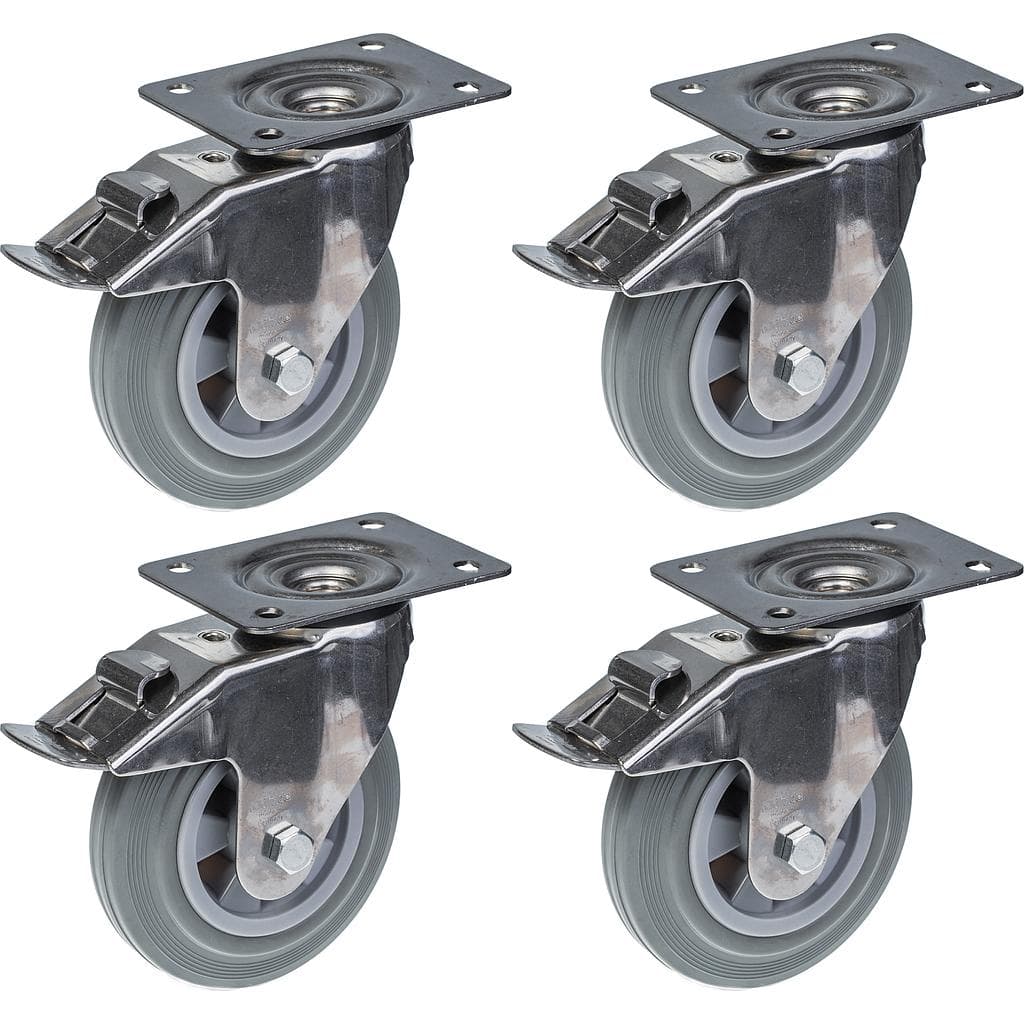 160mm 6 ruostumattomasta teräksestä valmistettu harmaa kumirosteri, pyörivä jarrullinen, 540kg, 4 kpl:n sarja. – Parnells