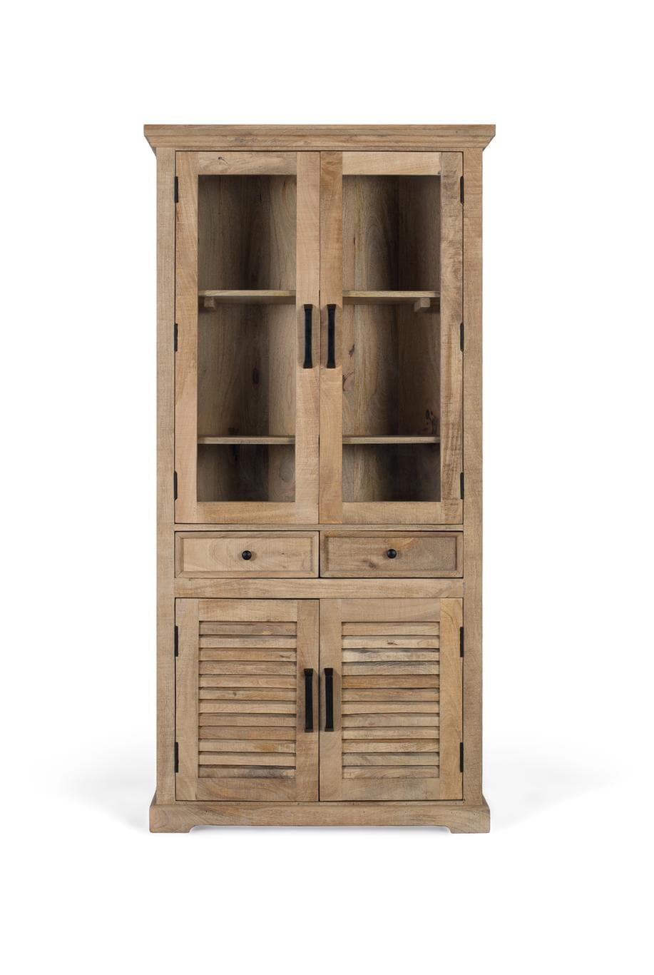 Mangopuusta valmistettu vitriinikaappi, jossa on lasia ja kaksi laatikkoa