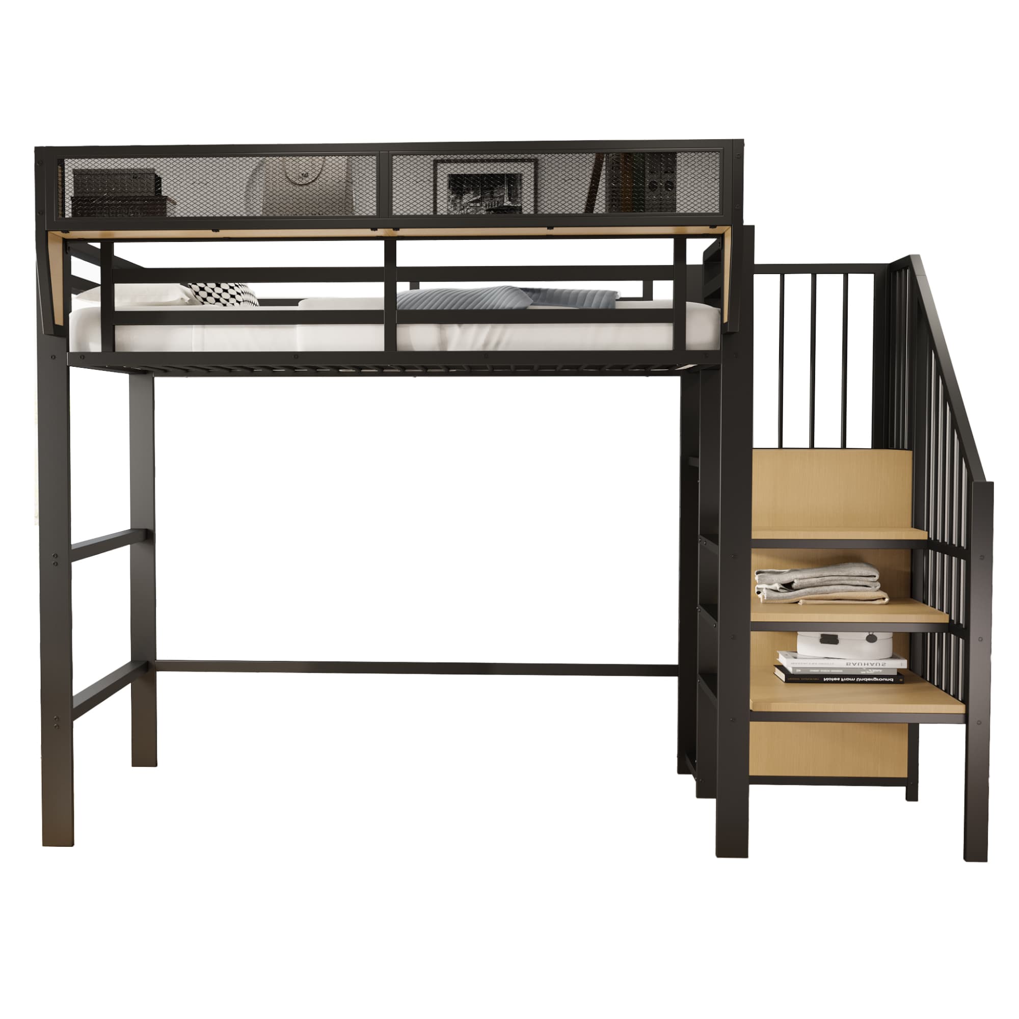 Metallinen ullakosänky, 90x200cm, turvatikkaat joustava säilytys, musta – SINGULARITY