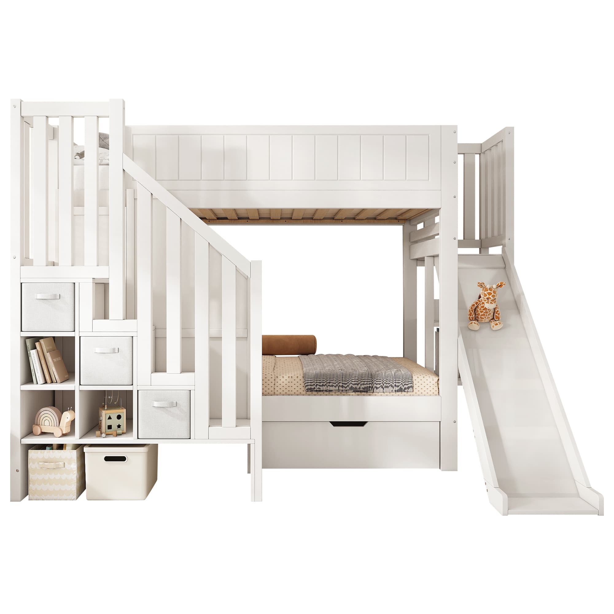 Lasten kerrossänky 90x200 cm, liukumäki, tikkaat, laatikot, hylly, säleet, valkoinen, ei patjaa