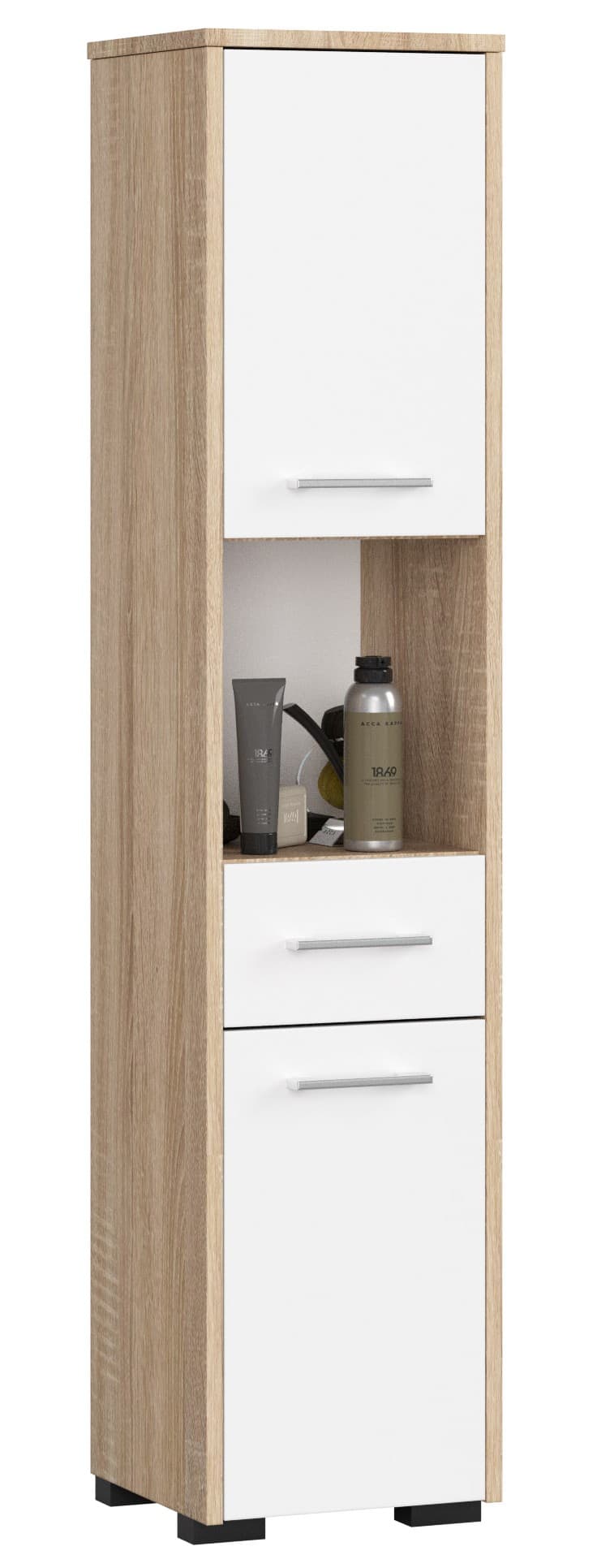 Akord Kylpyhuonekaappi korkea 2 ovea 1 laatikko 1 hylly Sonoma-tammi/Valkoinen 30x30x140 – Akord