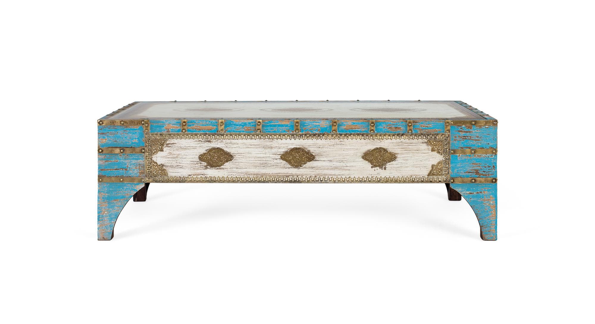 Vanha sininen ja valkoinen mangopuusta valmistettu sohvapöytä – Giner y Colomer