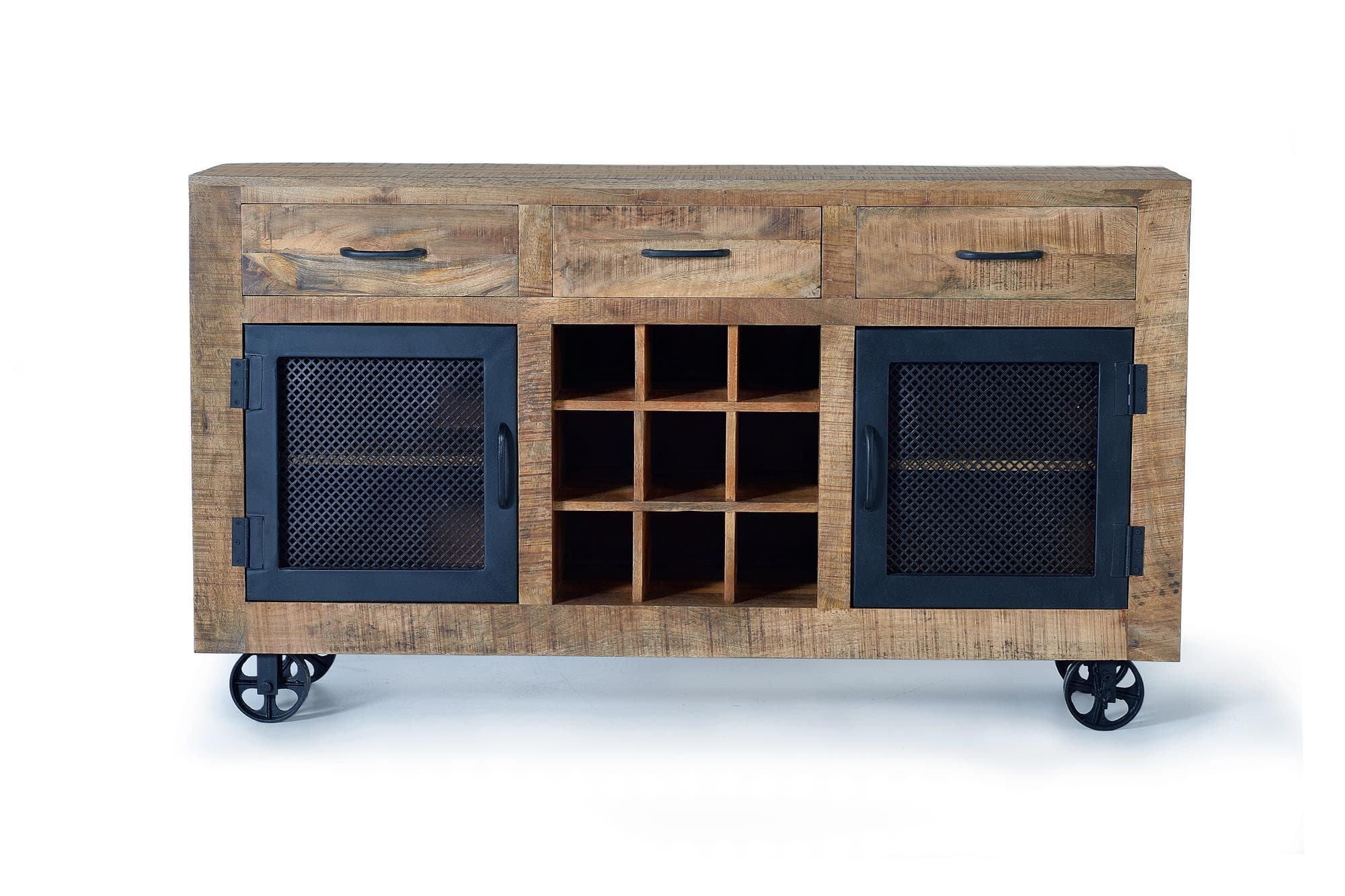 Mangopuusta valmistettu teollinen senkki, jossa on luonnonväriset metallijalat – Giner y Colomer