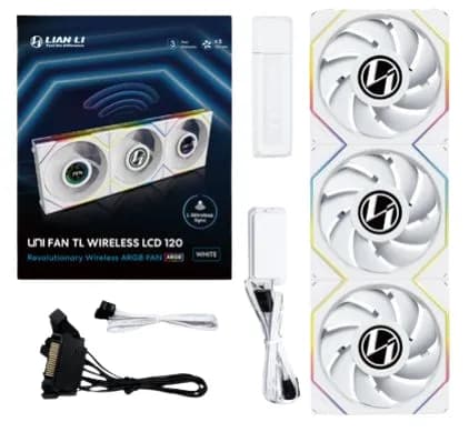 Lian Li UNI FAN TL Wireless LCD, 120 mm, PWM, nestelaakeri, ARGB -tuuletinsarja, 3 kpl, valkoinen – Lian-Li