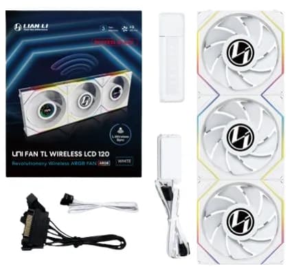 Lian Li UNI FAN TL Wireless LCD Reverse Blade, 120 mm, PWM, nestelaakeri, ARGB -tuuletinsarja, 3 kpl, valkoinen – Lian-Li