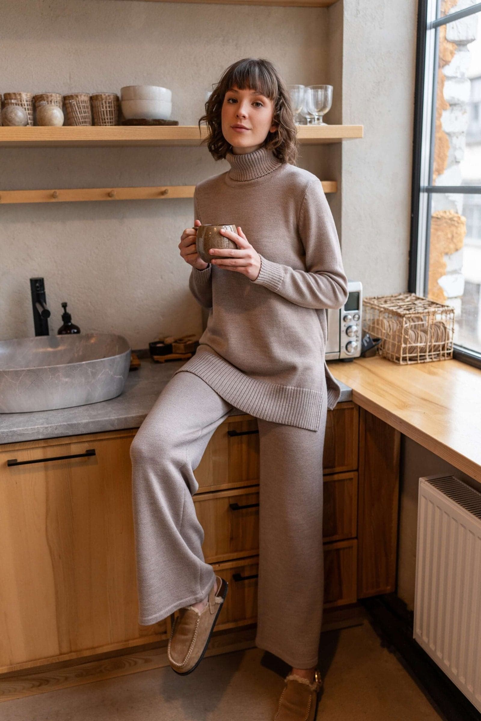 Merino Wool Wide-leg Knitted Pants Beige – Monala
