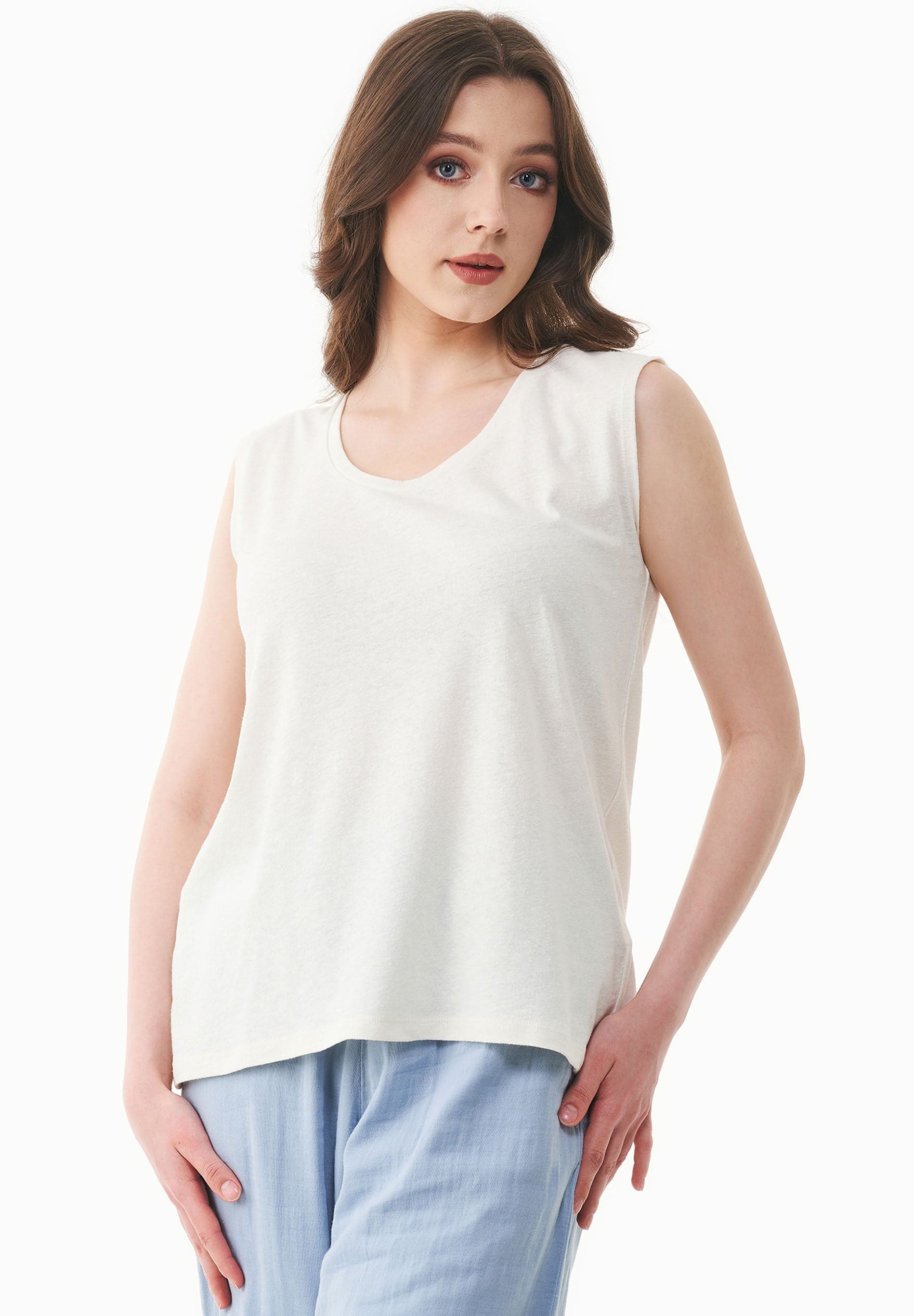 Deep Round Neck Linen Blend Jersey Top Off White – ORGANICATION
