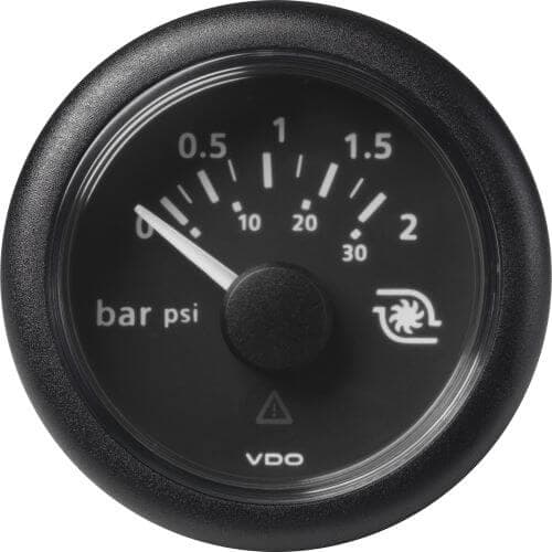 VLB Painemittari Ø52 mm, VDO Painemittari 0-2 bar / 0-28 psi, Musta mittari – VDO