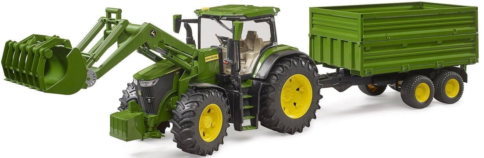 Lelu Traktori John Deere 7R 350 etukuormaajalla ja kippivaunulla (1:16), Bruder – Bruder