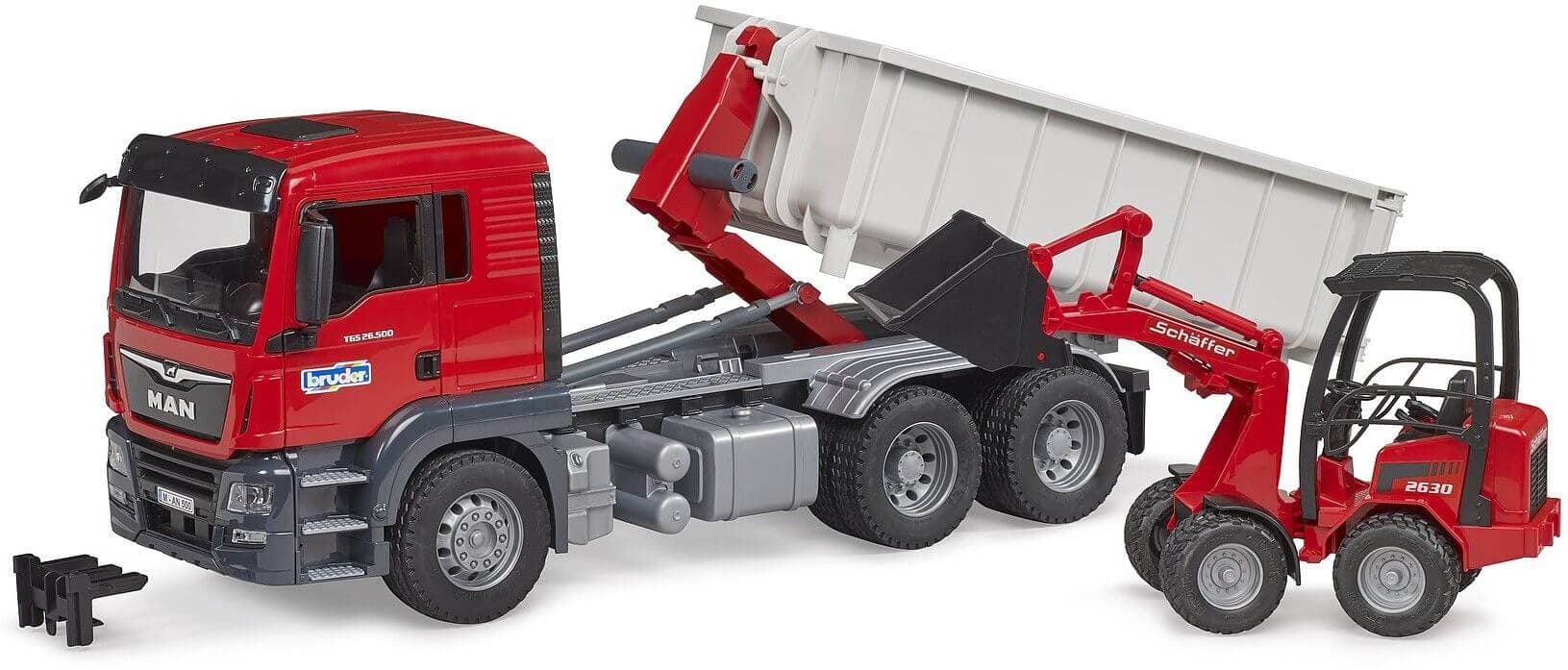 Lelu Vaihtolava-auto MAN TGS ja Shäffer Compact kuormaaja (1:16), Bruder – Bruder