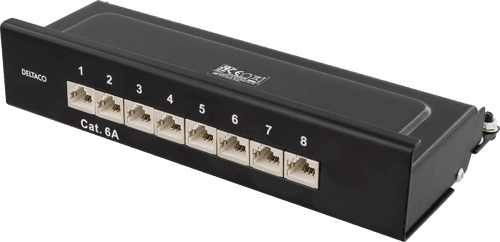 Deltaco Patch Panel, 8-porttinen, Cat6a, Musta Musta Cat 6a – Deltaco