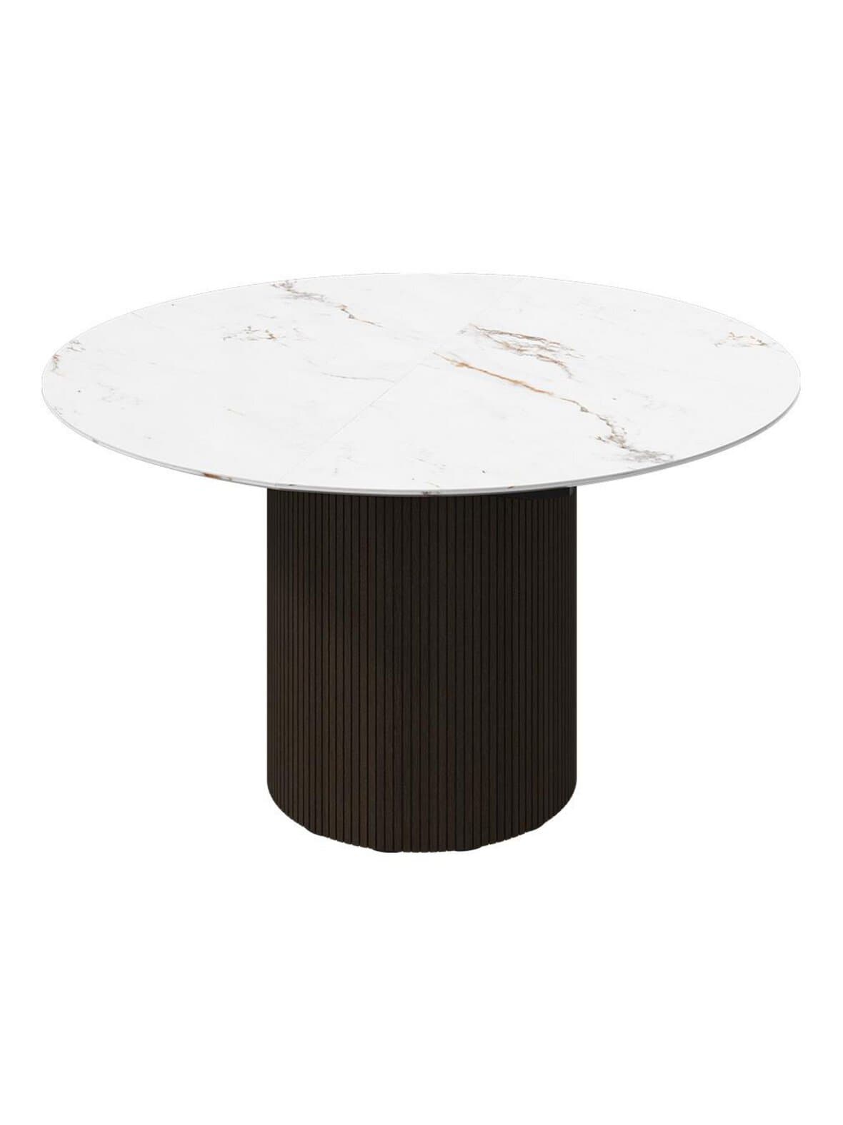 Santiago -jatkettava ruokapöytä valkoinen marmorikeramiikka / tumma tammi ⌀ 135/181 cm – BoConcept