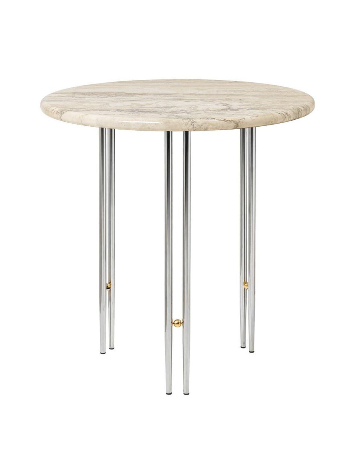 Ioi -sivupöytä beige travertiini / kromi ⌀ 50 cm – GUBI