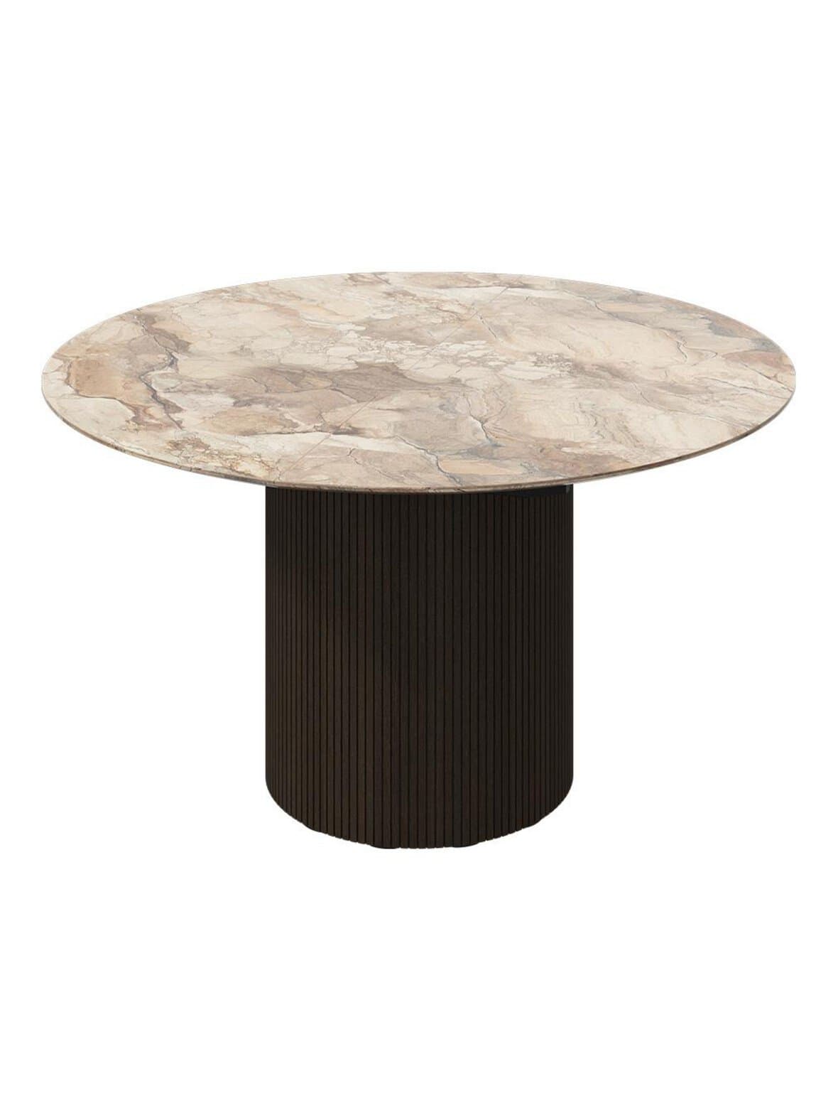 Santiago -jatkettava ruokapöytä ruskea marmorikeramiikka / tumma tammi ⌀ 135/181 cm – BoConcept