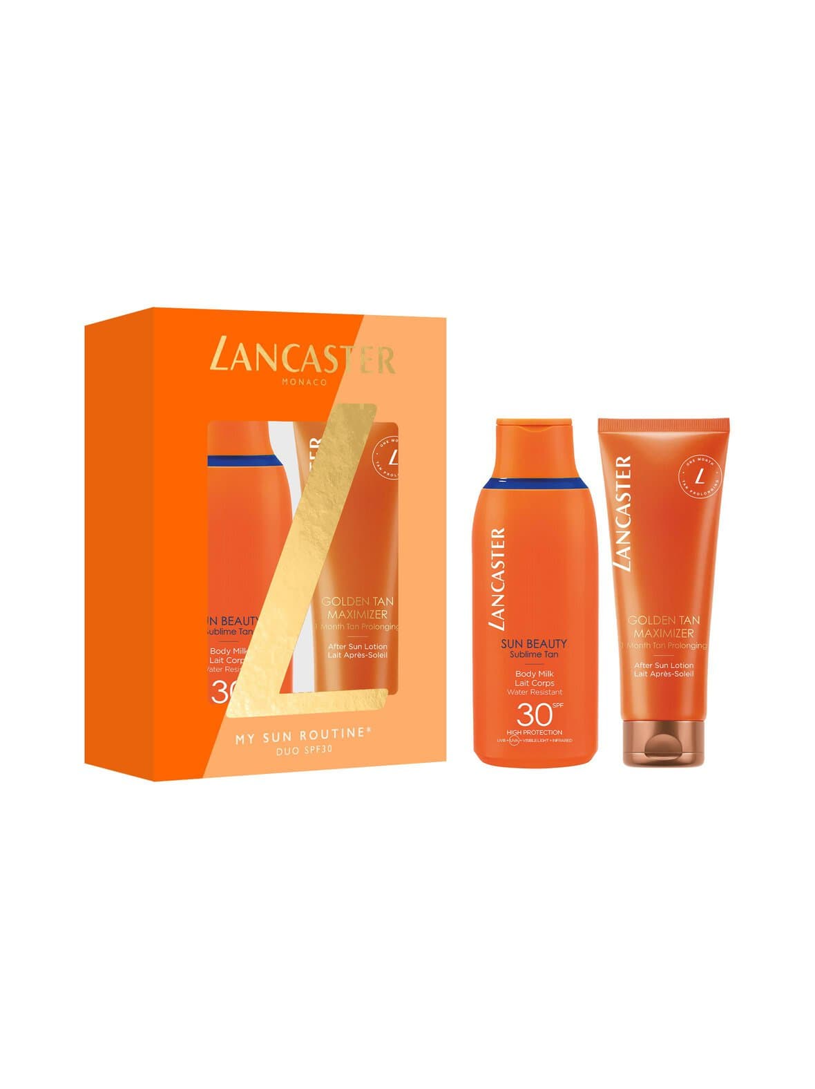 Sun beauty body milk spf30 + golden tan maximizer after sun lotion -pakkaus – Lancaster