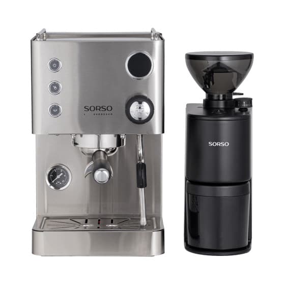 SORSO Espresso kahvikone - ruostumaton teräs + SORSO Peppe Brew & Espresso by Eureka sähkökäyttöinen kahvimylly – mattamusta – Sorso
