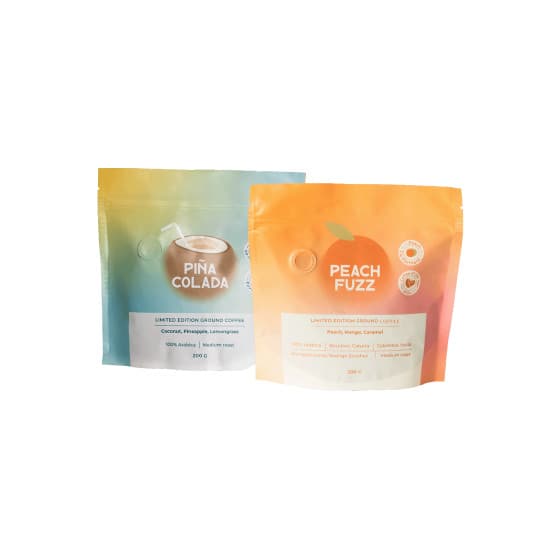 Tuplapakkaus hedelmien kanssa fermentoitua jauhettua kahvia Peach Fuzz & Pina Colada, Limited edition, 2 x 200 g – KahviKaveri