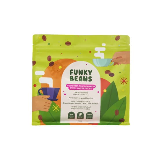 Kofeiinittomat specialty-kahvipavut Funky Beans Colombia Pink Bourbon SWD, 200 g – Funky Beans