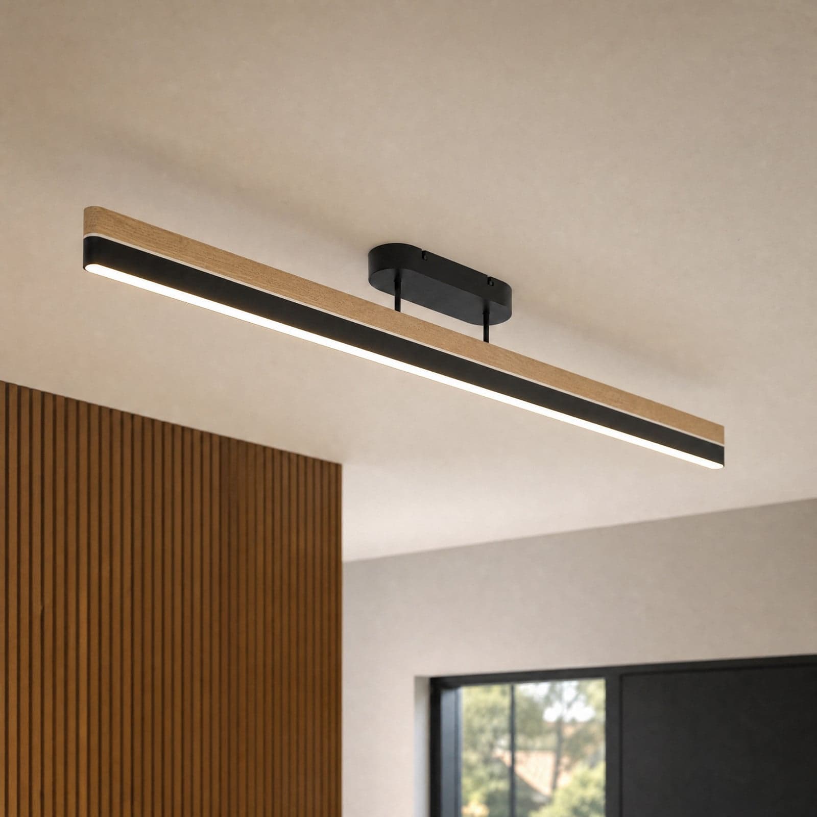 Holven-LED-kattovalaisin, 113 cm, musta/puu, himmennettävä, CCT – Lucande - Olohuone - Moderni - Tanko – Lucande