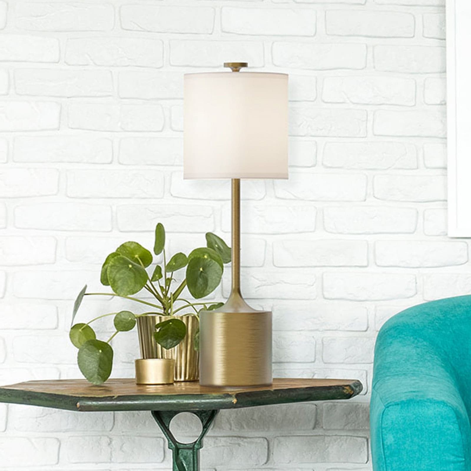 Issa-pöytälamppu, norsunluu/kulta, 68 cm, pellava/metalli – Elstead - Olohuone - Vintage / retro - Alumiini - Yksilamppuinen – Elstead