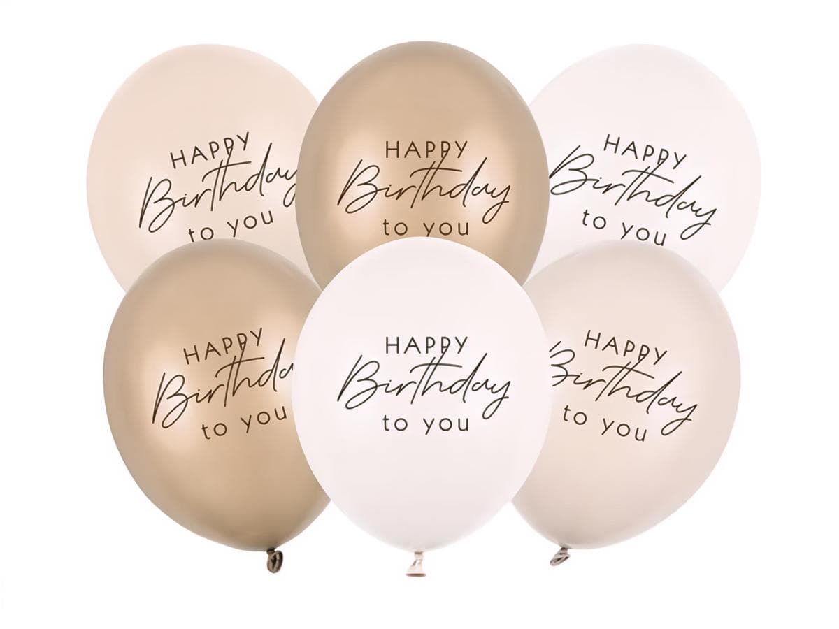 Ilmapallot - Happy Birthday, Beige yhdistelmä, 30 cm, 6 kpl