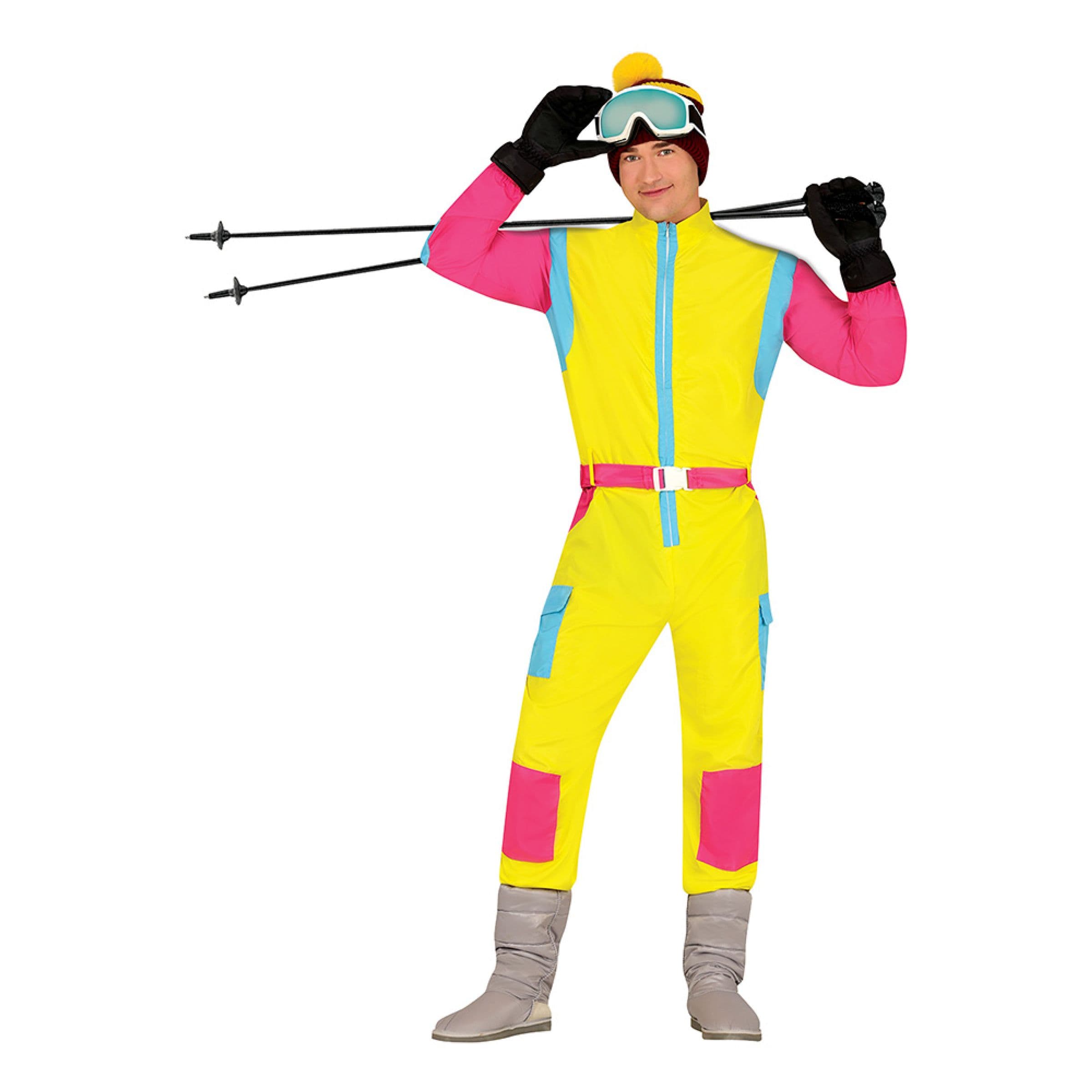 80-luvun Skioveralli Vaaleanpunainen/Keltainen Mies Naamiaisasu - X-Large – Fiestas Guirca