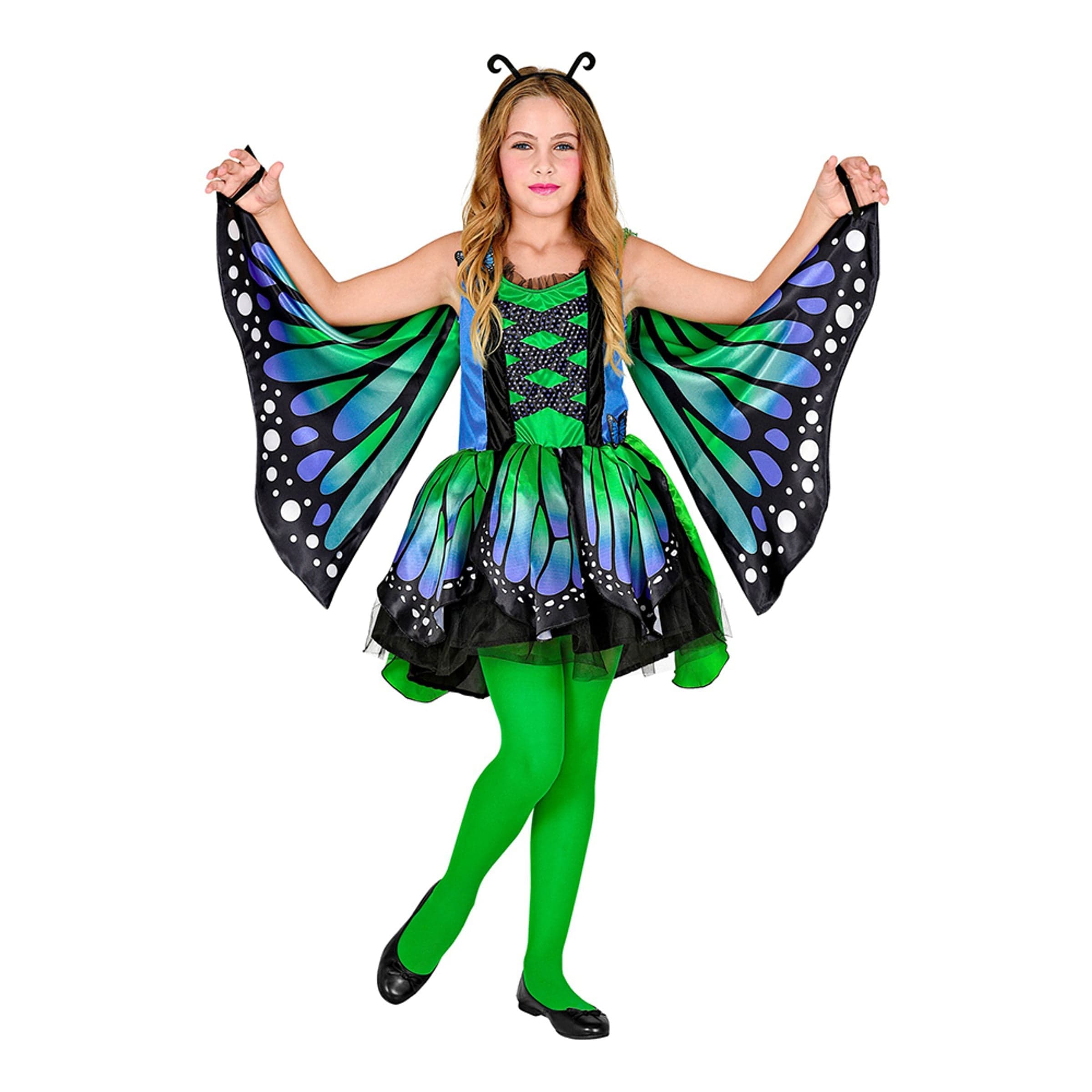 Vihreä/Sininen Perhonen Lasten Naamiaisasu - X-Large – Widmann