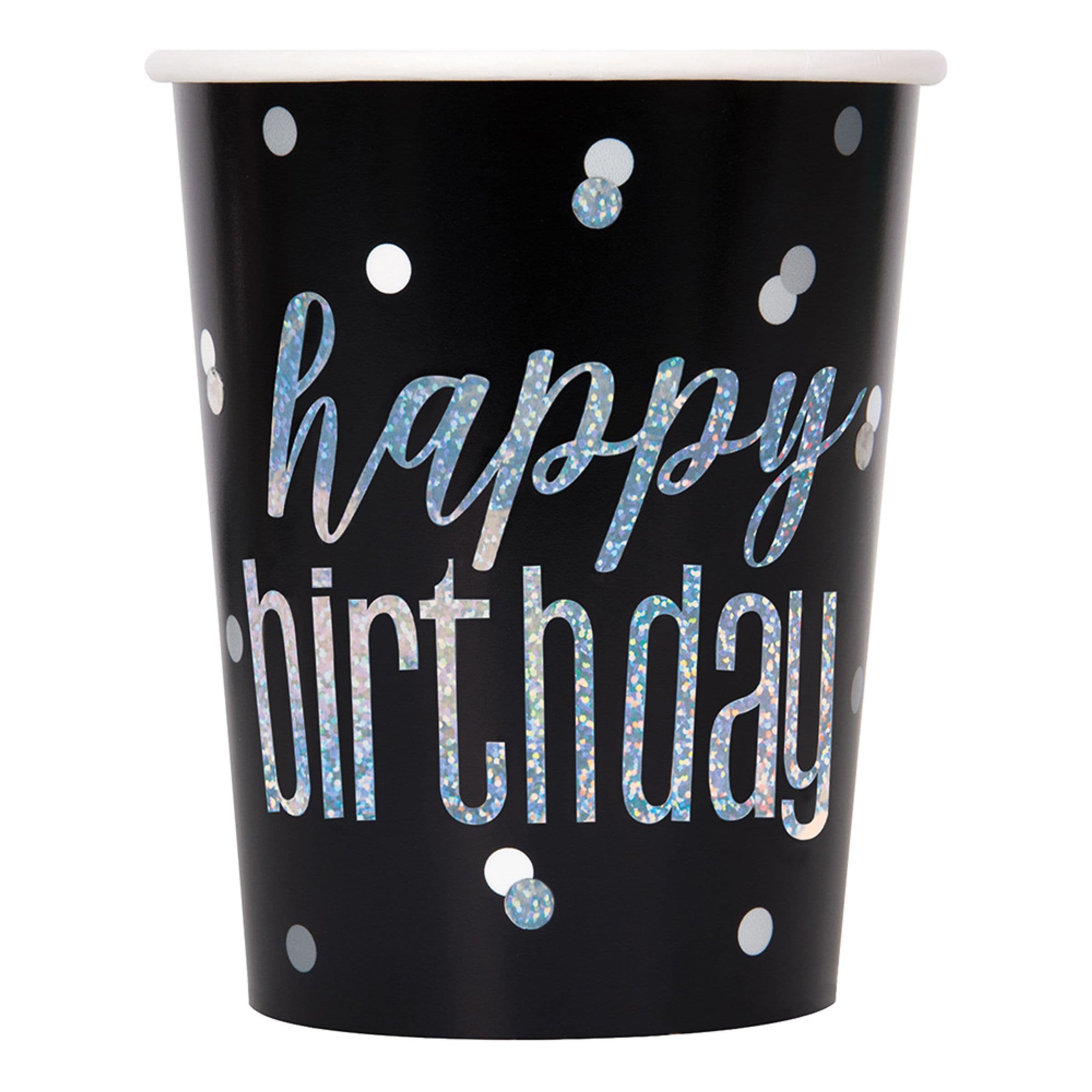 Pahvimukit Happy Birthday Musta Kimallus - 8-pakkaus – Unique Party