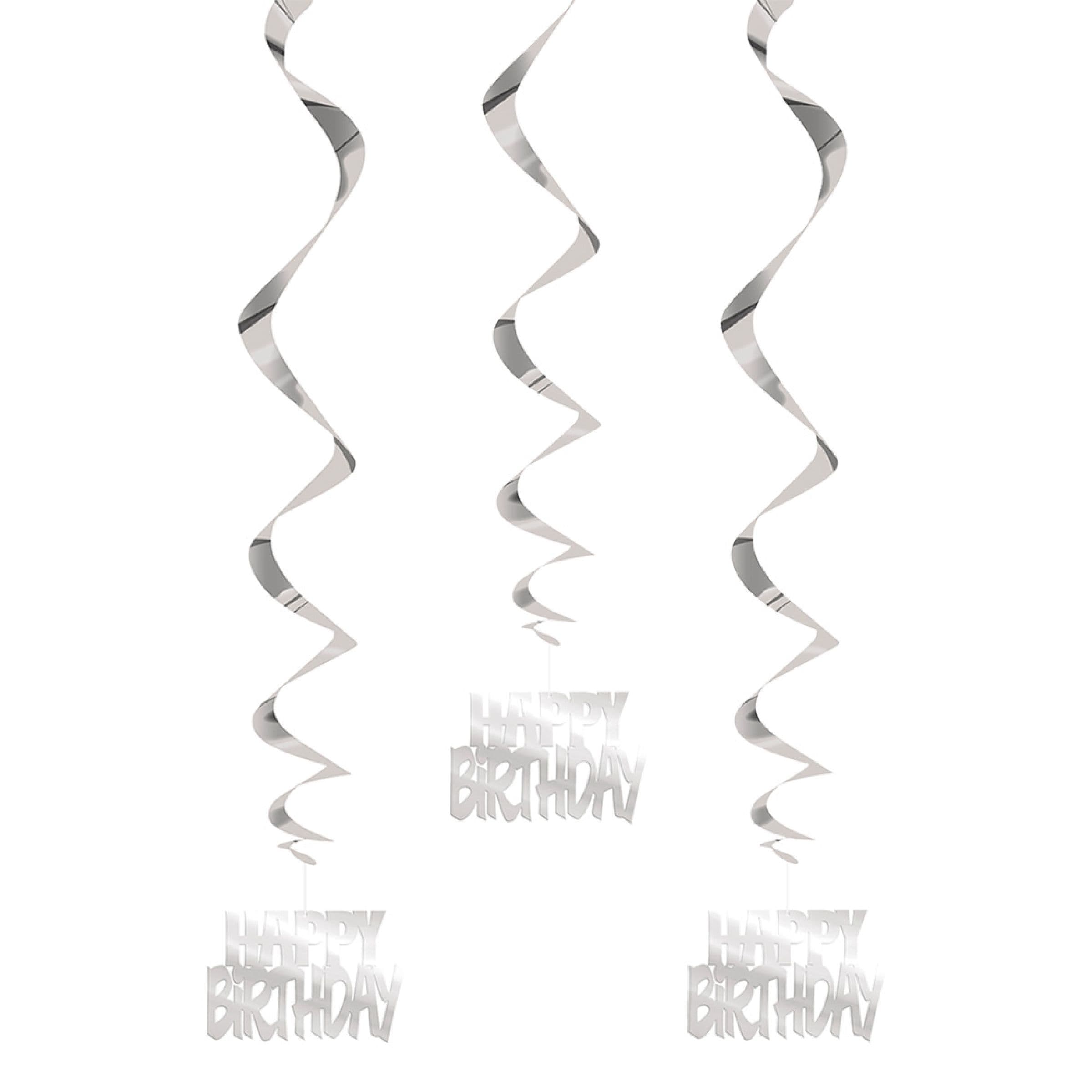 Swirls Happy Birthday Silver Ripustettava Koriste - 3-pakkaus – Unique Party