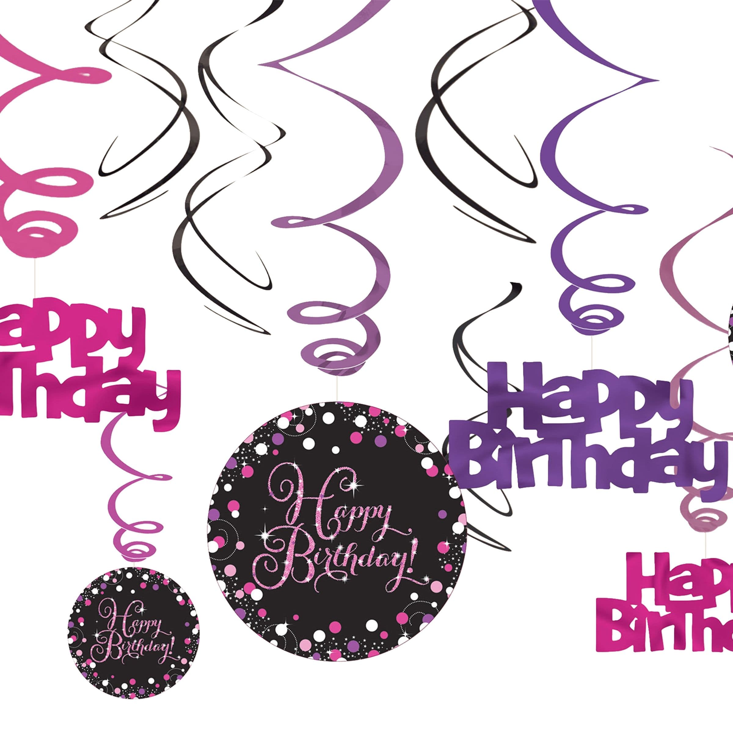 Swirls Happy Birthday Musta/Vaaleanpunainen Kimalle - 12-pakkaus – Riethmüller