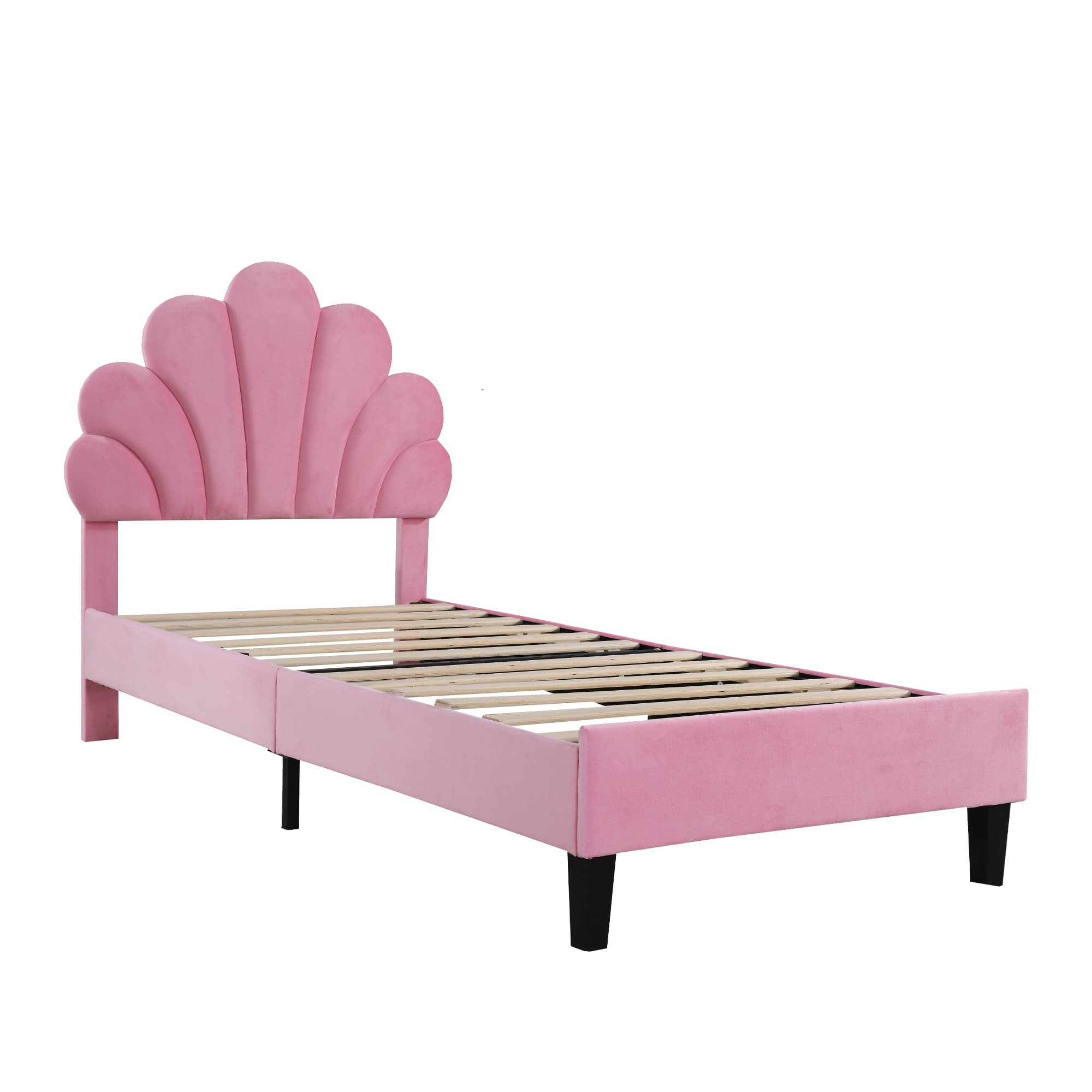 Verhoiltu lastensänky 90x200 cm, kukkakuvioinen sängynpääty ja sälepohja, samettipäällinen, pinkki – KOMHTOM