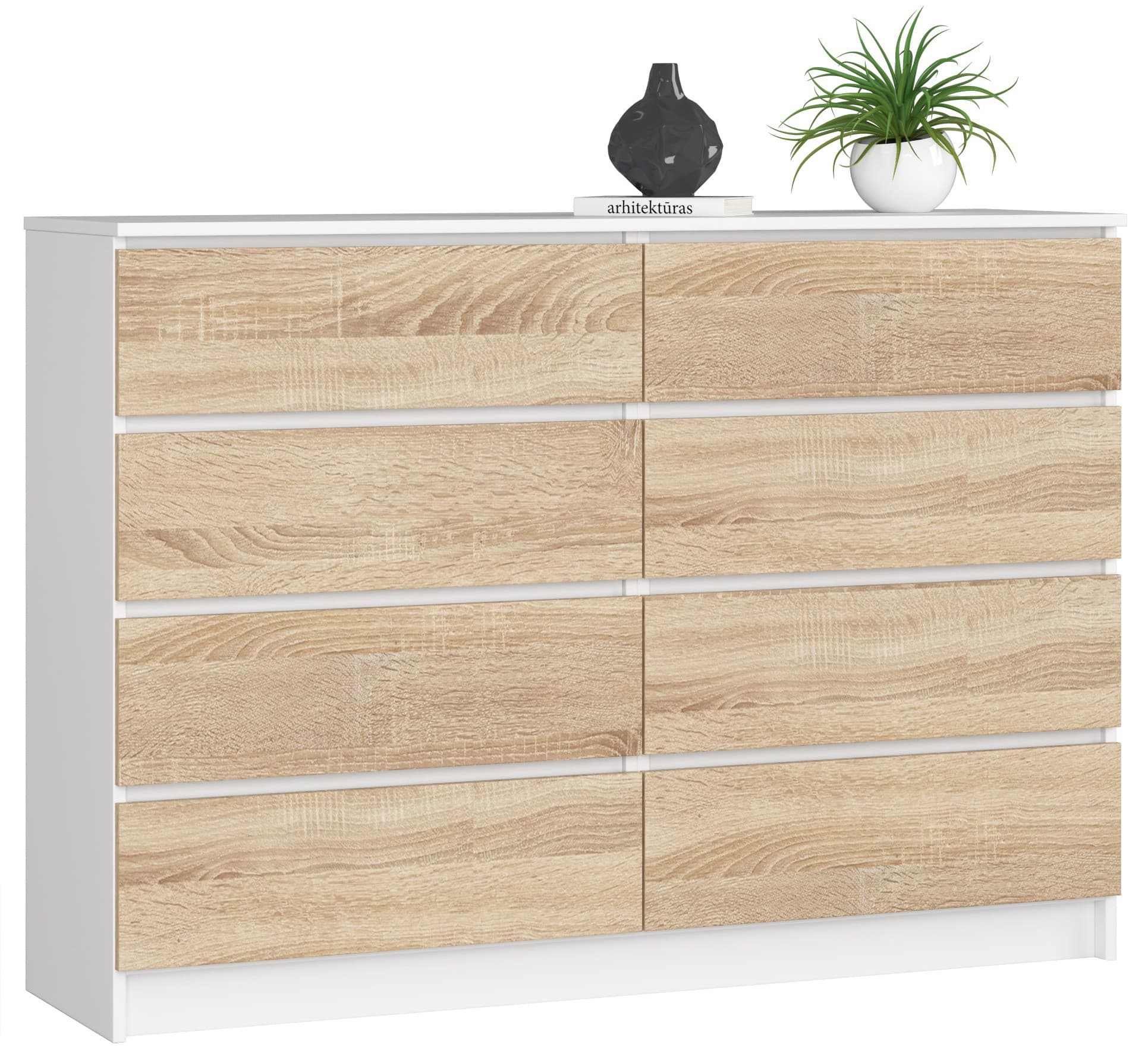 Akord Lipasto 8 laatikkoa Valkoinen/Sonoma-tammi 138x40x99 – Akord