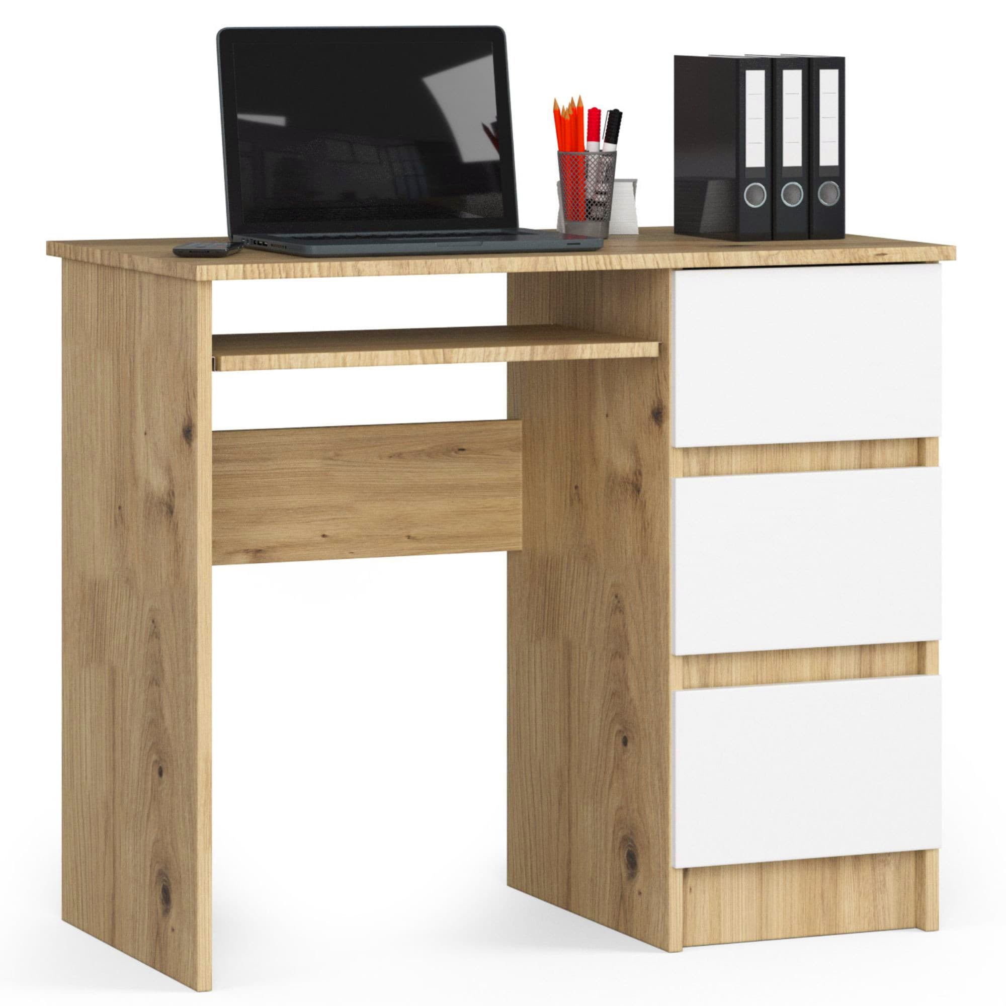 Akord Tietokonepöytä 3 laatikkoa Oikea Artisan-tammi/Valkoinen 90x50x77 – Akord